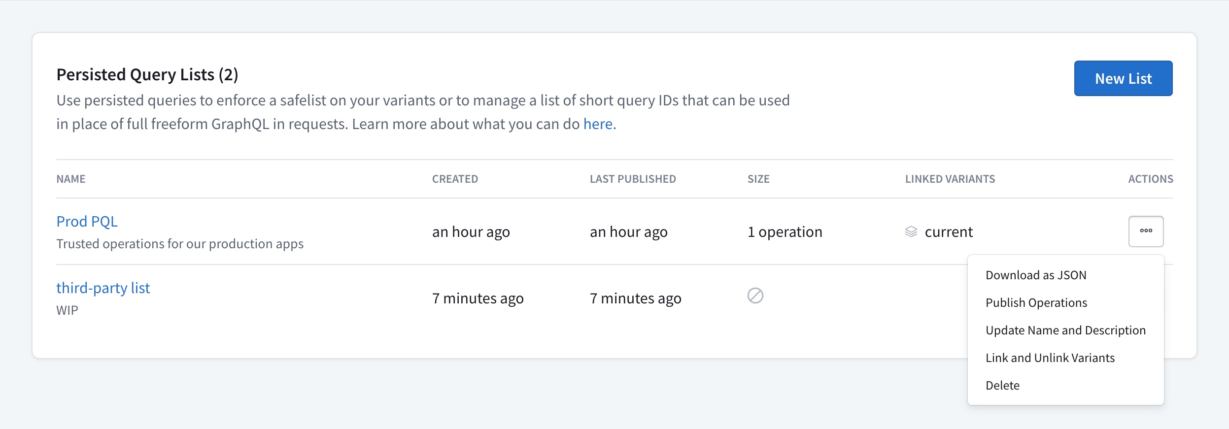 Persisted query list actions in Studio